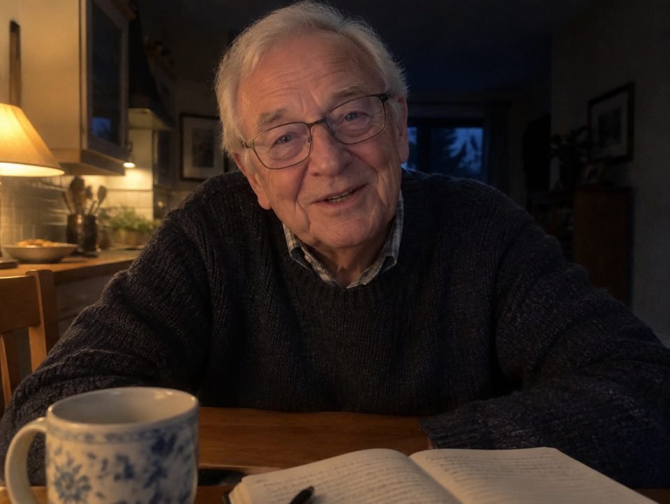A grandfather smiling into the camera at his kitchen table in the evening