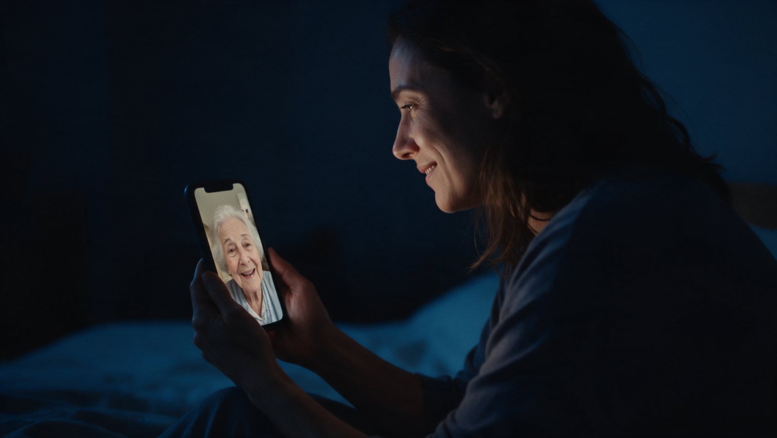A woman smiling at a video call with her grandmother on her phone at night